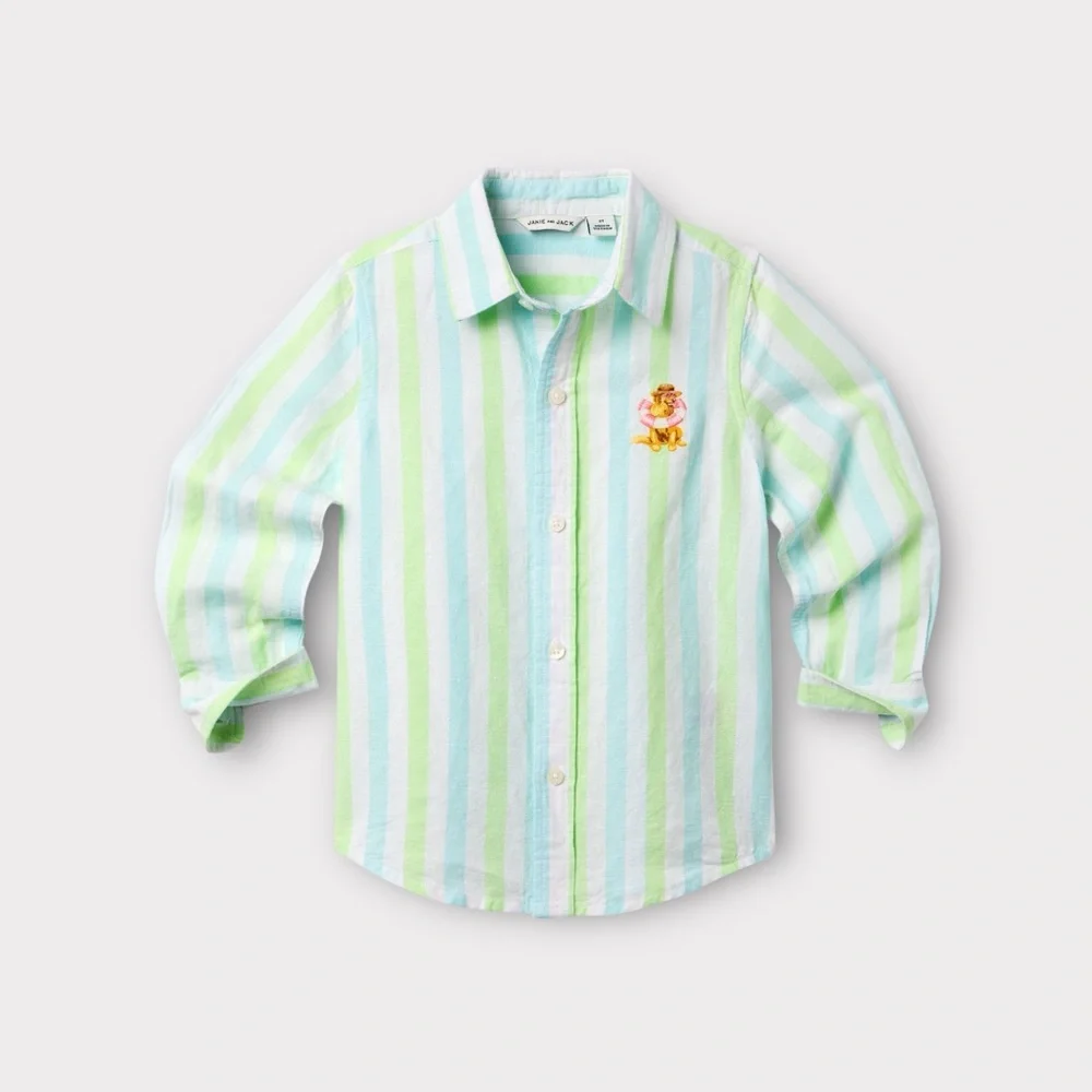 Gray Malin x Janie and Jack Green & Blue Button Up Linen Long Sleeve Shirt